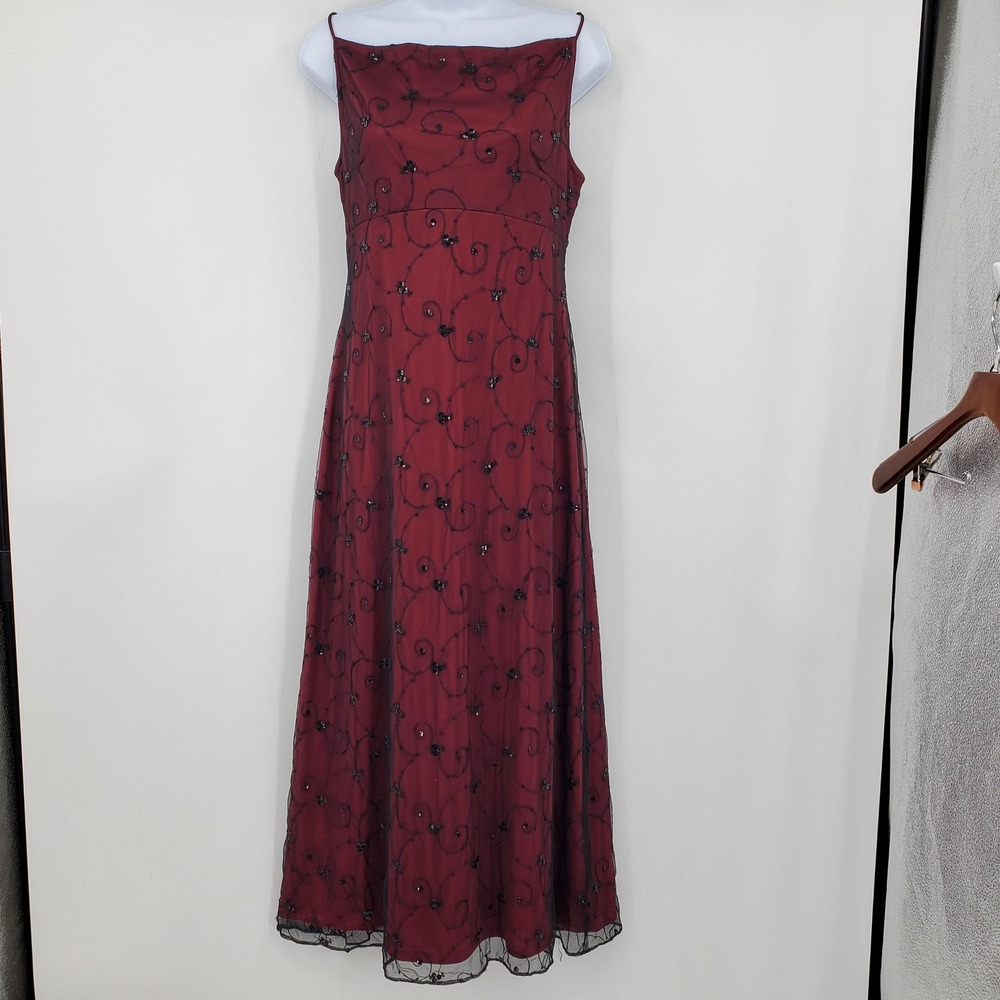 Vintage Laura Salkin Burgundy Red Black Mesh Sequin Maxi Dress 8 Whimsigoth Vamp - Picture 2 of 12